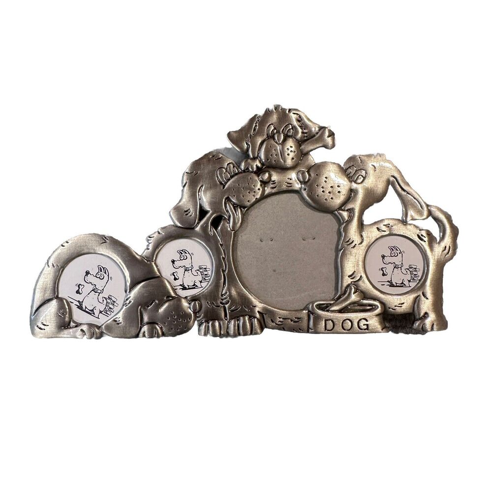 Whimsical Dog Pewter Picture Frame 7"X 4" Holds 4 Small Round Photos.